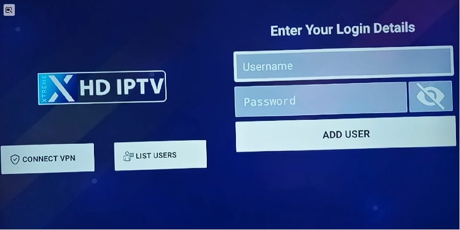 XHD IPTV Login Details Screen